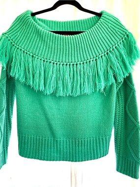 Rock & Roll Cowgirl Teal Fringe Boatneck Crop Sweater